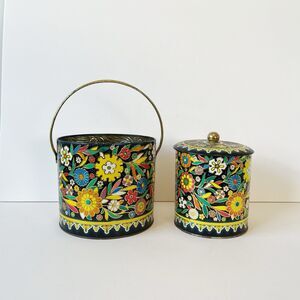 Vintage Daher Tin Bucket And Canister Set Made in England Floral Embossed Boho